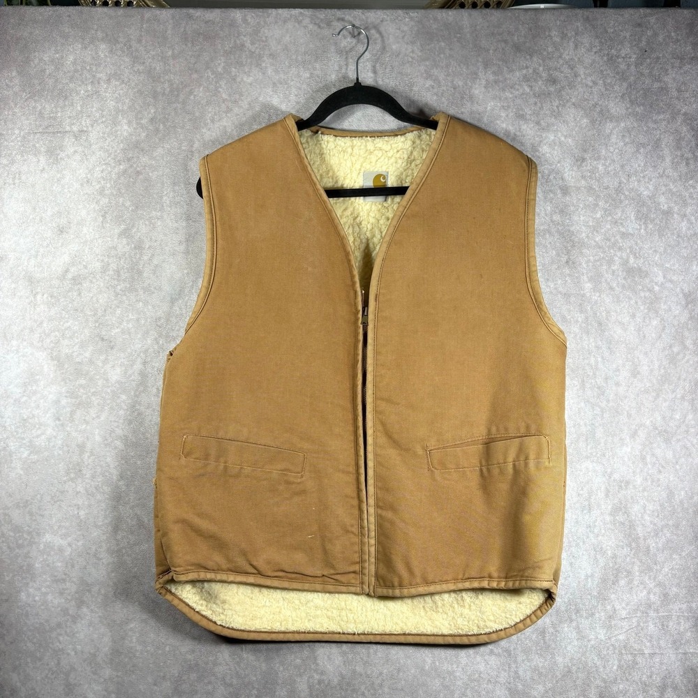 Vintage 70s 80s Carhartt Sherpa Lined Duck Canvas Vest Mens XL Brown Zip Up Work
